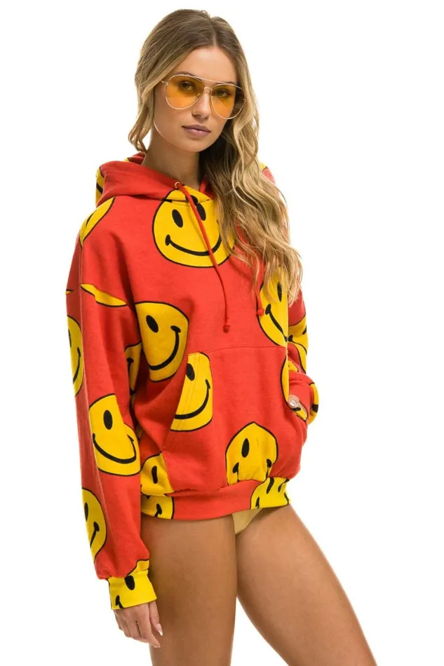 WomenMen Hoodies Aviator Nation Smiley Repeat Relaxed Pullover Hoodie 8211 Red