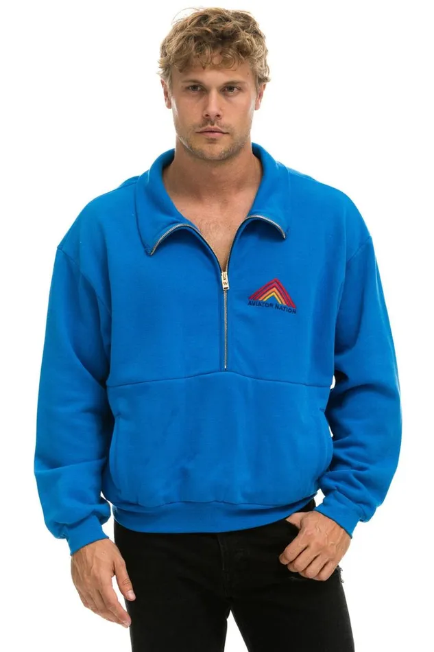 WomenMen Sweatshirts Aviator Nation Mountain Embroidery Half Zip Sweatshirt 8211 Ocean