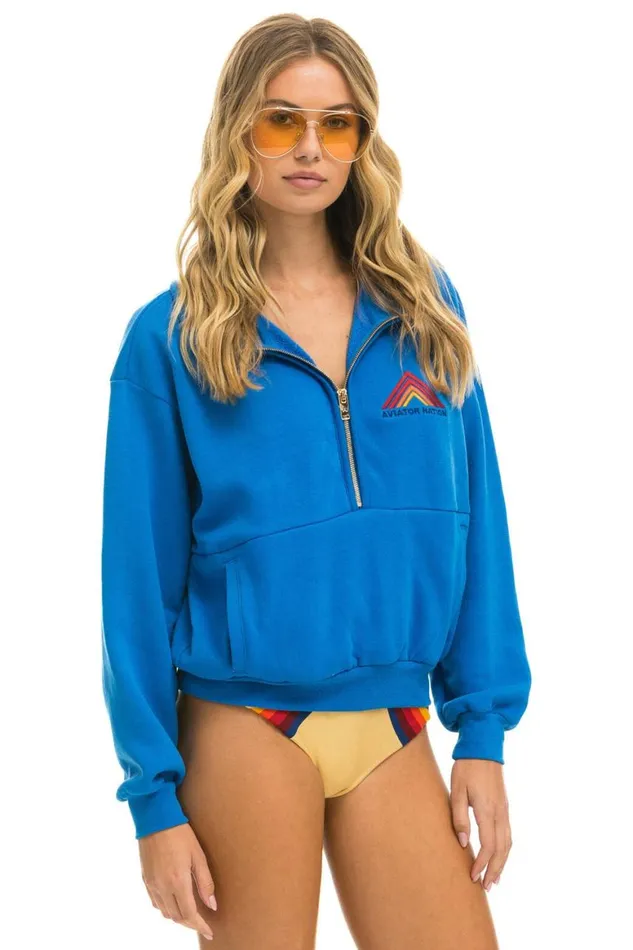WomenMen Sweatshirts Aviator Nation Mountain Embroidery Half Zip Sweatshirt 8211 Ocean