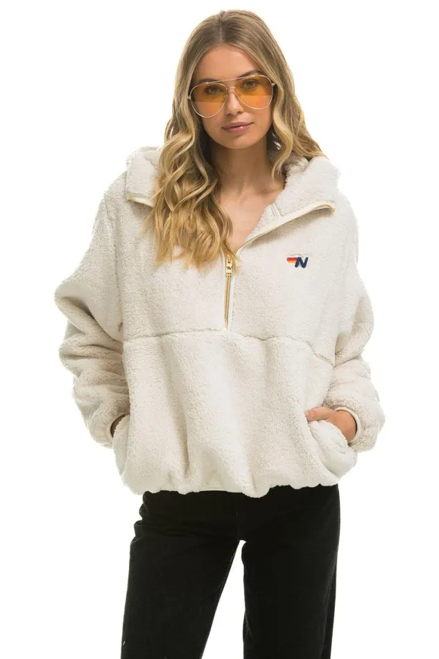 WomenMen Teddy Jackets Aviator Nation Teddy Apres Hooded Half Zip Jacket 8211 Vintage White