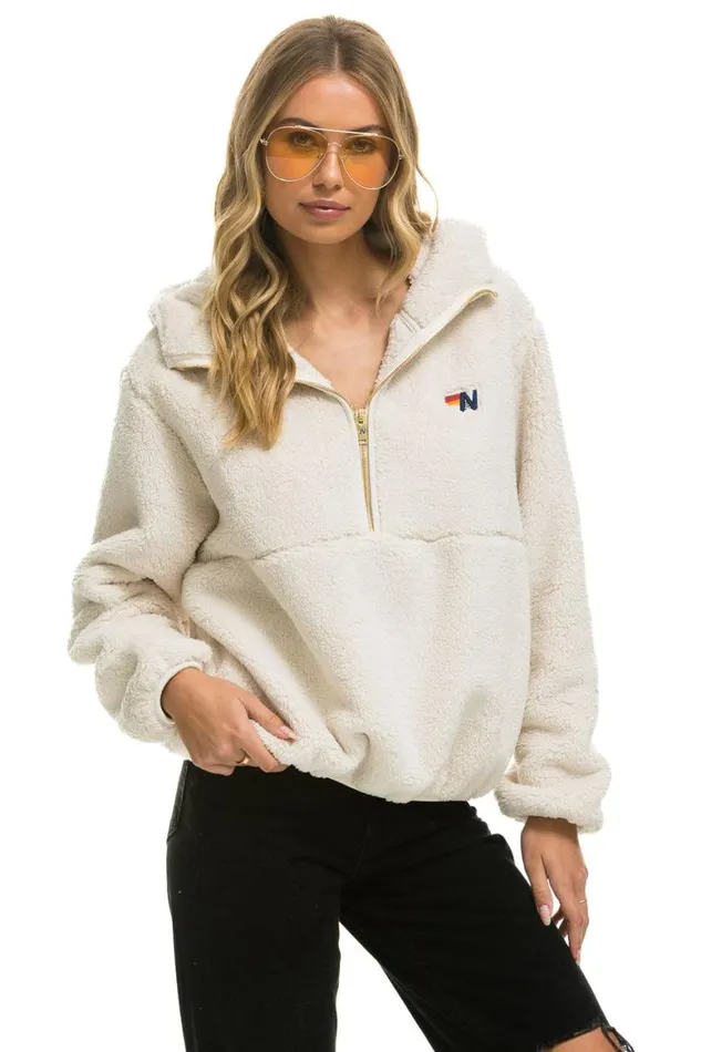 WomenMen Teddy Jackets Aviator Nation Teddy Apres Hooded Half Zip Jacket 8211 Vintage White