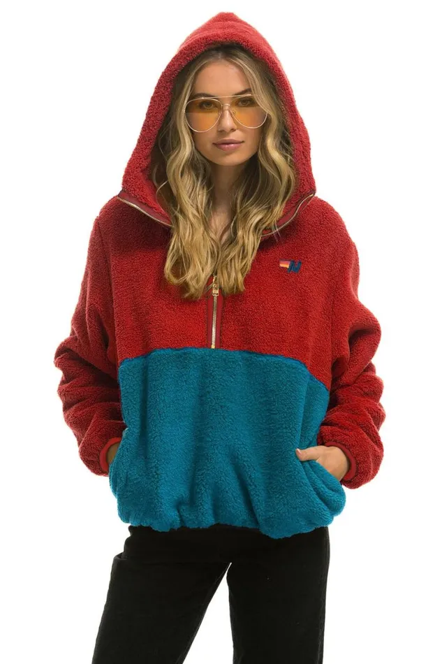 WomenMen Teddy Jackets Aviator Nation Teddy Unisex Hooded Half Zip Color Block Jacket 8211 Cherry WomenMen Teddy Jackets Aviator Nation Teddy Unisex Hooded Half Zip Color Block Jacket 8211 Cherry