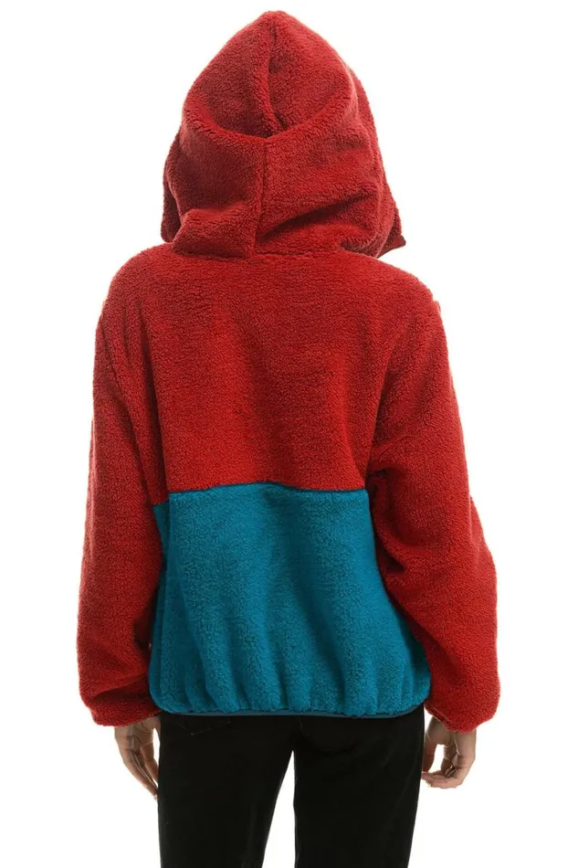 WomenMen Teddy Jackets Aviator Nation Teddy Unisex Hooded Half Zip Color Block Jacket 8211 Cherry