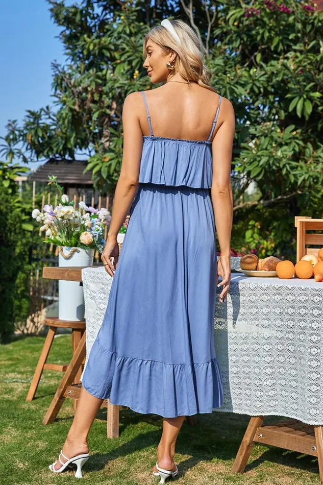 Women Midi Dresses Cupshe Alisa Frill Ruching AShape Dress Blue