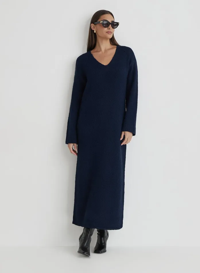 Women Navy V Neck Knitted Maxi Dress Dahlia 4th and Reckless Knitwear