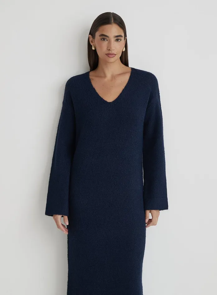 Women Navy V Neck Knitted Maxi Dress Dahlia 4th and Reckless Knitwear