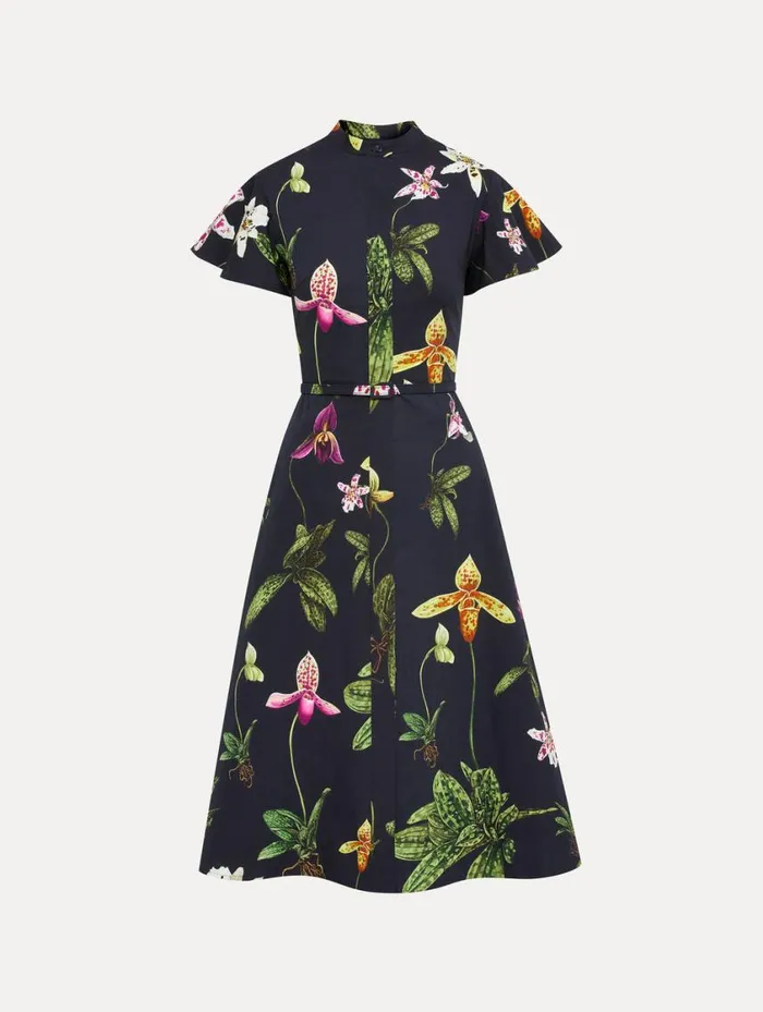 Women Orchid Cotton Poplin Short Sleeve Dress Navy Multi Oscar De La Renta Dresses