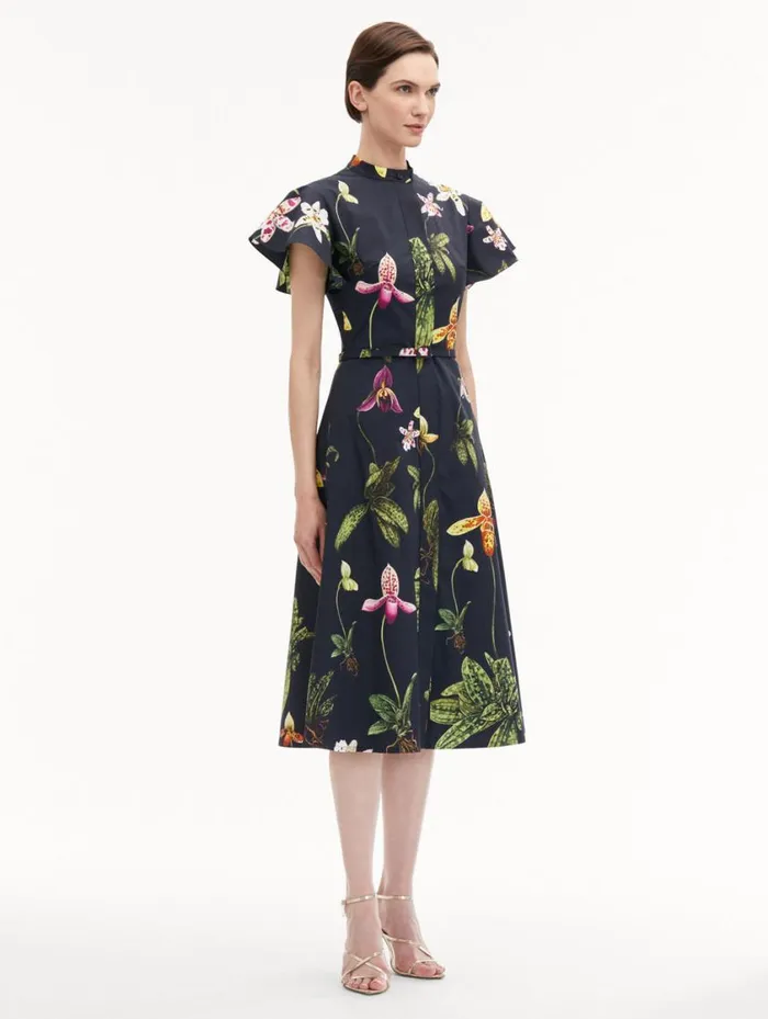 Women Orchid Cotton Poplin Short Sleeve Dress Navy Multi Oscar De La Renta Dresses Women Orchid Cotton Poplin Short Sleeve Dress Navy Multi Oscar De La Renta Dresses