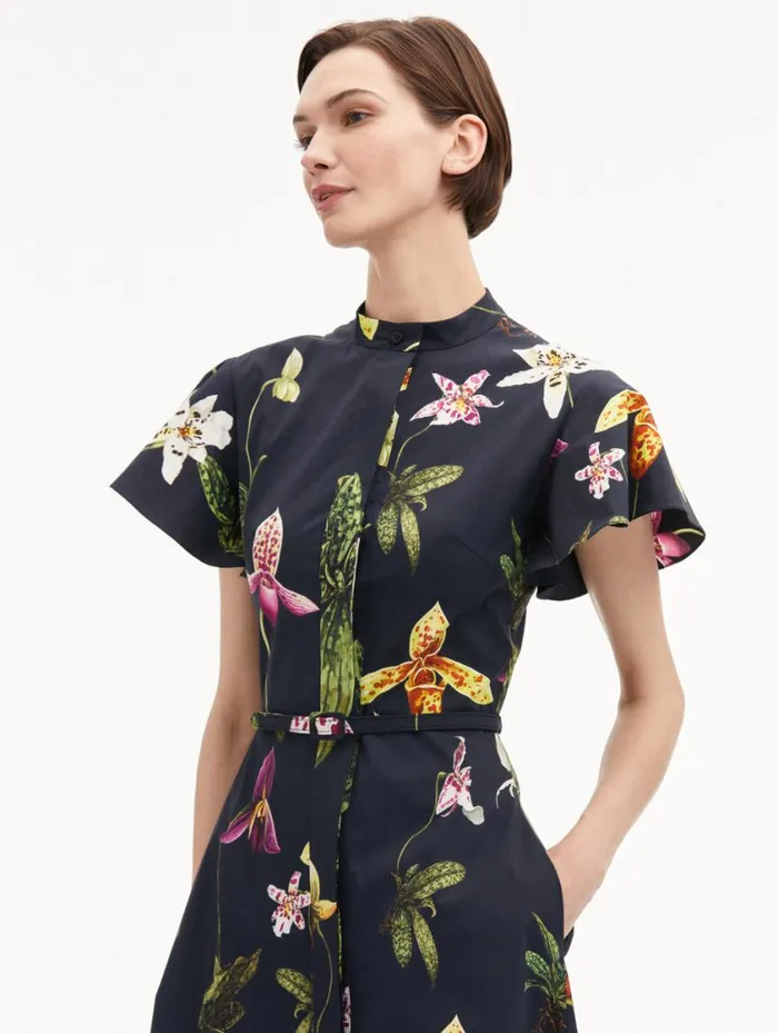 Women Orchid Cotton Poplin Short Sleeve Dress Navy Multi Oscar De La Renta Dresses Women Orchid Cotton Poplin Short Sleeve Dress Navy Multi Oscar De La Renta Dresses