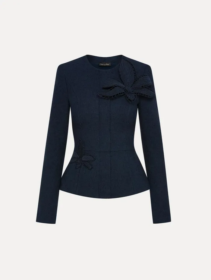 Women Orchid Embroidered Tweed Jacket Navy Oscar De La Renta Jackets and Coats