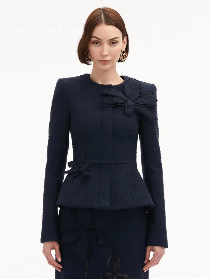 Women Orchid Embroidered Tweed Jacket Navy Oscar De La Renta Jackets and Coats Women Orchid Embroidered Tweed Jacket Navy Oscar De La Renta Jackets and Coats