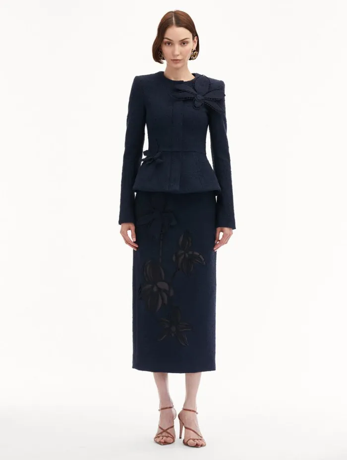 Women Orchid Embroidered Tweed Jacket Navy Oscar De La Renta Jackets and Coats Women Orchid Embroidered Tweed Jacket Navy Oscar De La Renta Jackets and Coats