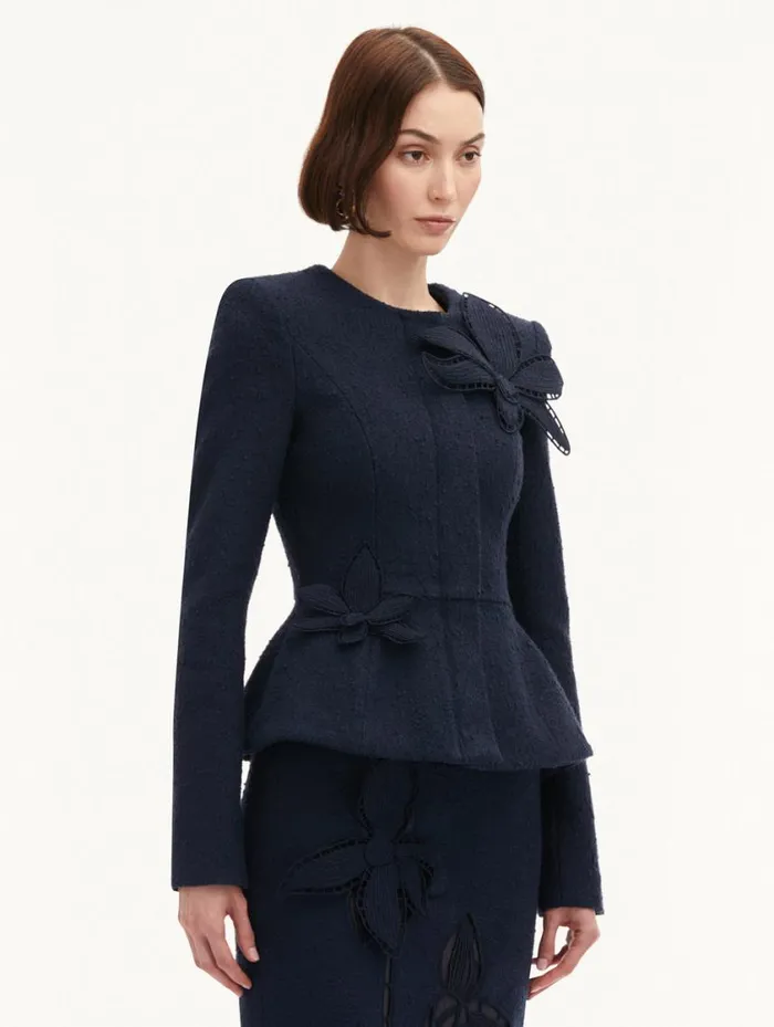 Women Orchid Embroidered Tweed Jacket Navy Oscar De La Renta Jackets and Coats Women Orchid Embroidered Tweed Jacket Navy Oscar De La Renta Jackets and Coats