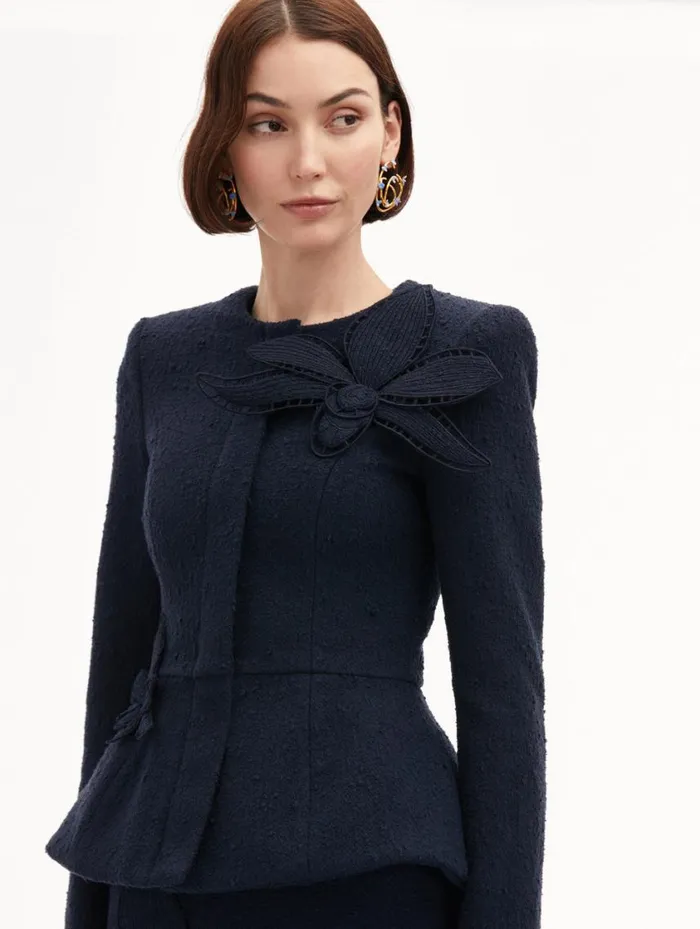 Women Orchid Embroidered Tweed Jacket Navy Oscar De La Renta Jackets and Coats Women Orchid Embroidered Tweed Jacket Navy Oscar De La Renta Jackets and Coats
