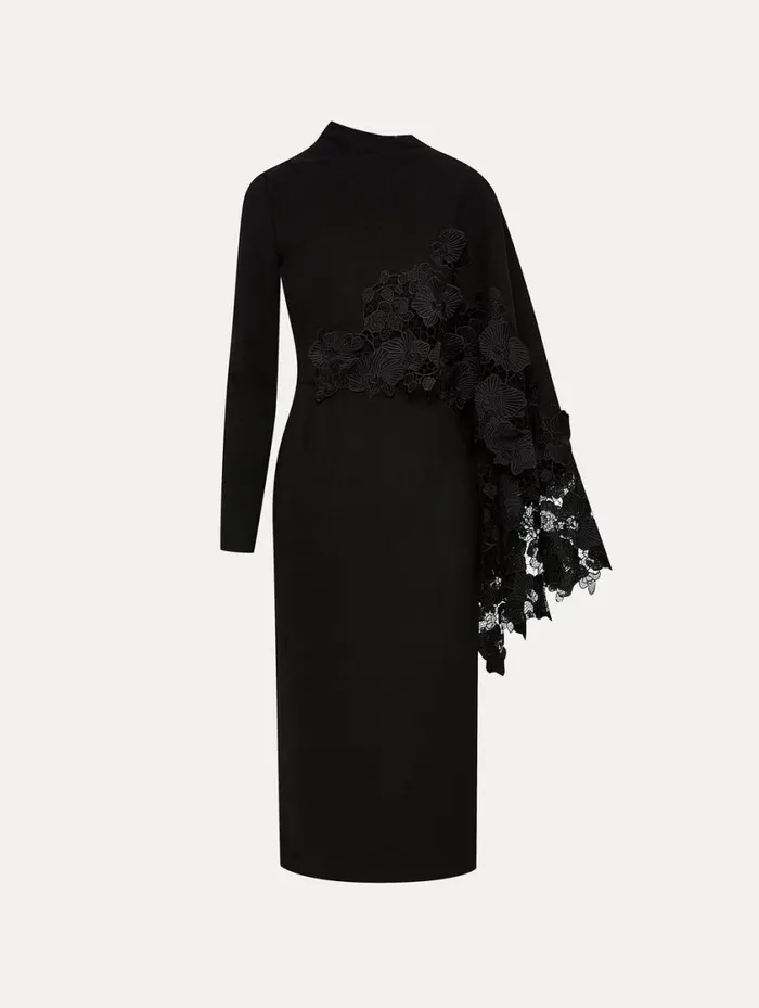 Women Orchid Guipure Cape Midi Dress Black Oscar De La Renta Dresses