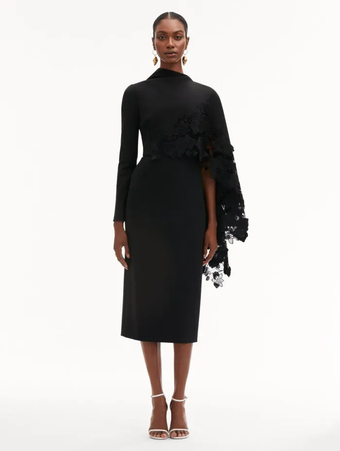 Women Orchid Guipure Cape Midi Dress Black Oscar De La Renta Dresses Women Orchid Guipure Cape Midi Dress Black Oscar De La Renta Dresses