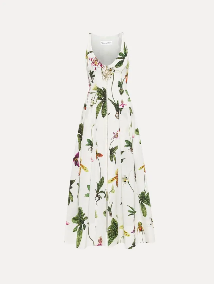Women Orchid Zip Front Cotton Poplin Dress White Multi Oscar De La Renta Dresses Women Orchid Zip Front Cotton Poplin Dress White Multi Oscar De La Renta Dresses