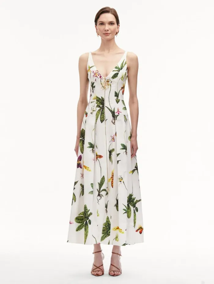 Women Orchid Zip Front Cotton Poplin Dress White Multi Oscar De La Renta Dresses Women Orchid Zip Front Cotton Poplin Dress White Multi Oscar De La Renta Dresses