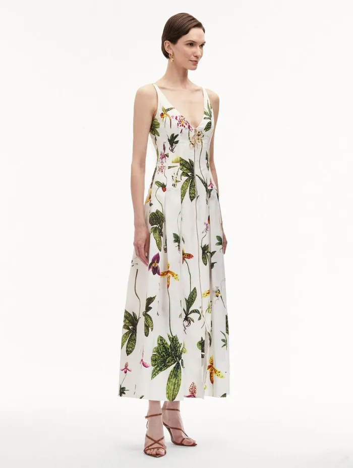 Women Orchid Zip Front Cotton Poplin Dress White Multi Oscar De La Renta Dresses Women Orchid Zip Front Cotton Poplin Dress White Multi Oscar De La Renta Dresses