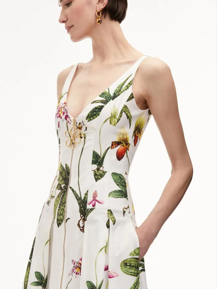Women Orchid Zip Front Cotton Poplin Dress White Multi Oscar De La Renta Dresses Women Orchid Zip Front Cotton Poplin Dress White Multi Oscar De La Renta Dresses