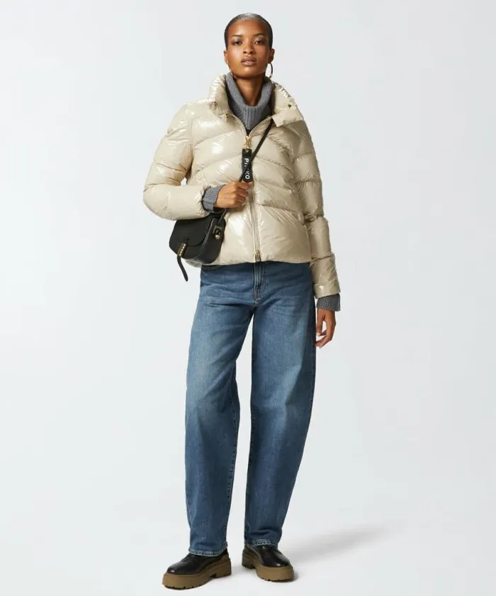 Women Outerwear Pinko Padded Crystal Nylon Pea Jacket Beige