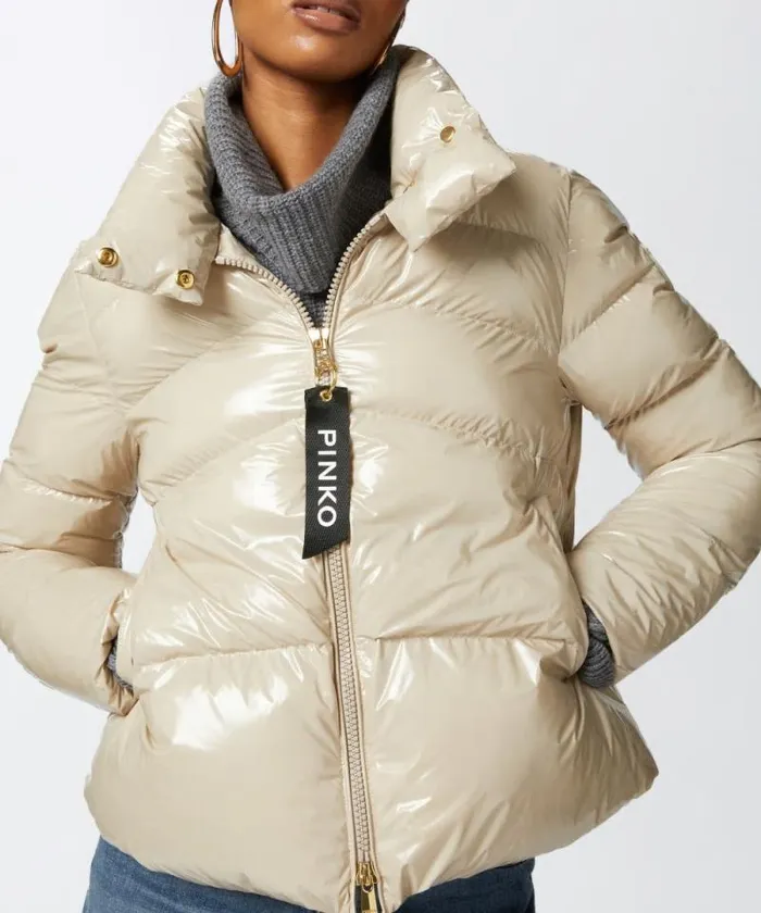 Women Outerwear Pinko Padded Crystal Nylon Pea Jacket Beige Women Outerwear Pinko Padded Crystal Nylon Pea Jacket Beige