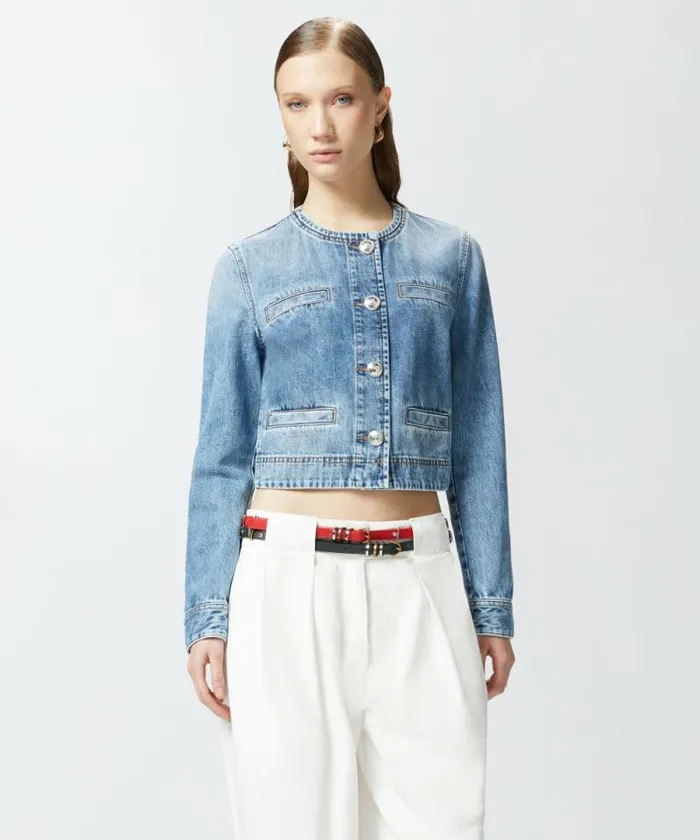 Women Outerwear Pinko Short Denim Jacket With Pockets And Buttons Mid Wash