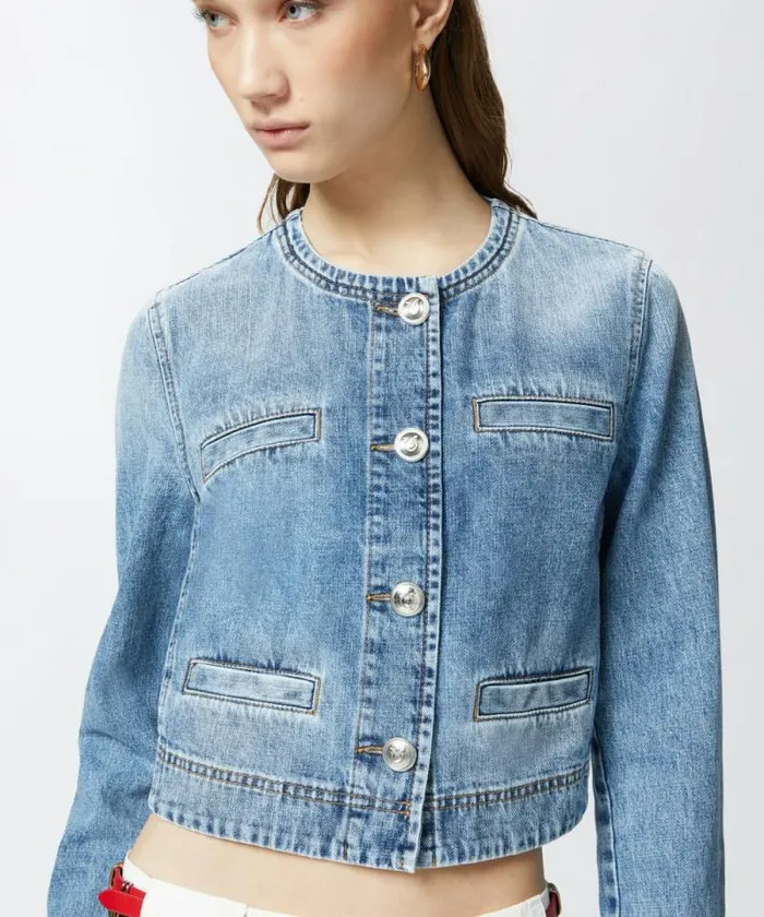 Women Outerwear Pinko Short Denim Jacket With Pockets And Buttons Mid Wash Women Outerwear Pinko Short Denim Jacket With Pockets And Buttons Mid Wash