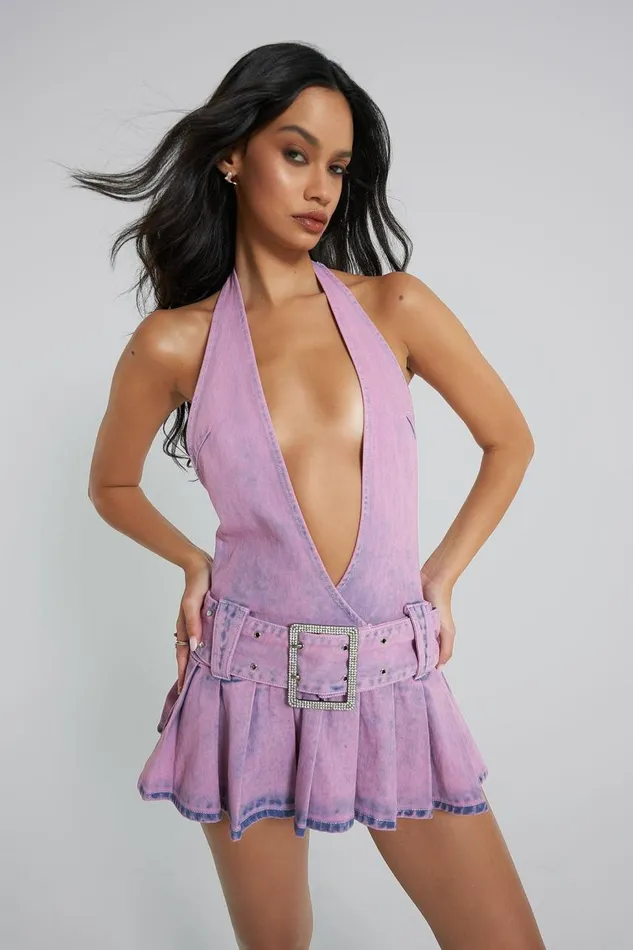 Women Pink Denim Plunged Belted Mini Dress Jaded London Mini Dresses