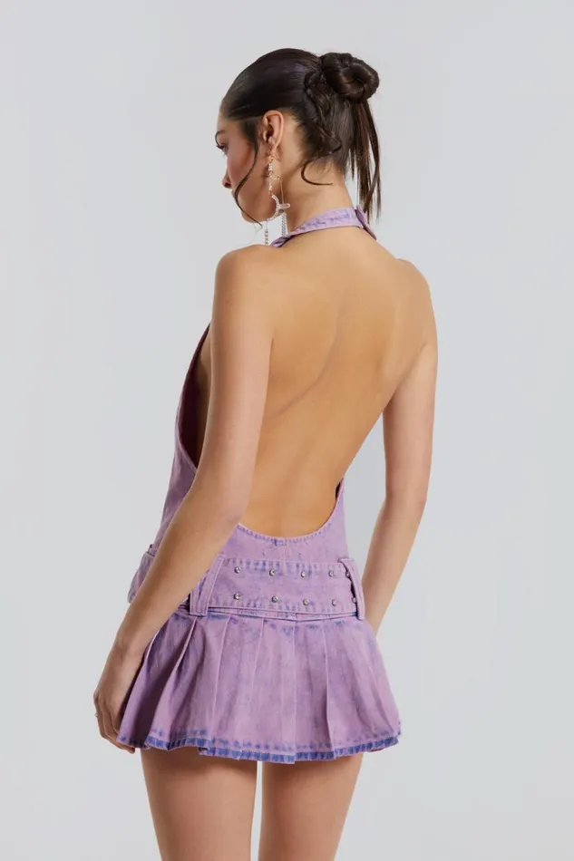 Women Pink Denim Plunged Belted Mini Dress Jaded London Mini Dresses