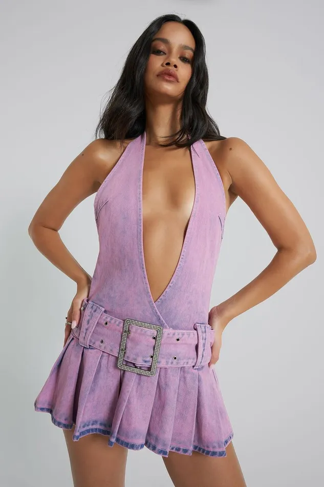 Women Pink Denim Plunged Belted Mini Dress Jaded London Mini Dresses