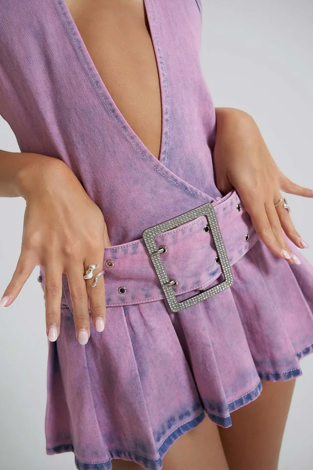 Women Pink Denim Plunged Belted Mini Dress Jaded London Mini Dresses