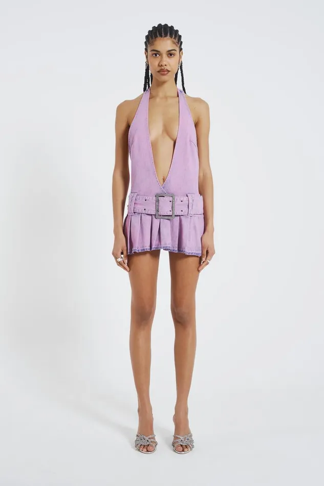 Women Pink Denim Plunged Belted Mini Dress Jaded London Mini Dresses