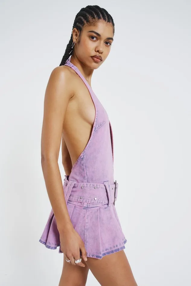 Women Pink Denim Plunged Belted Mini Dress Jaded London Mini Dresses