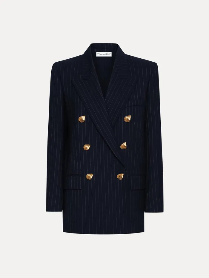 Women Pinstriped DoubleBreasted Jacket Navy and White Oscar De La Renta Jackets and Coats