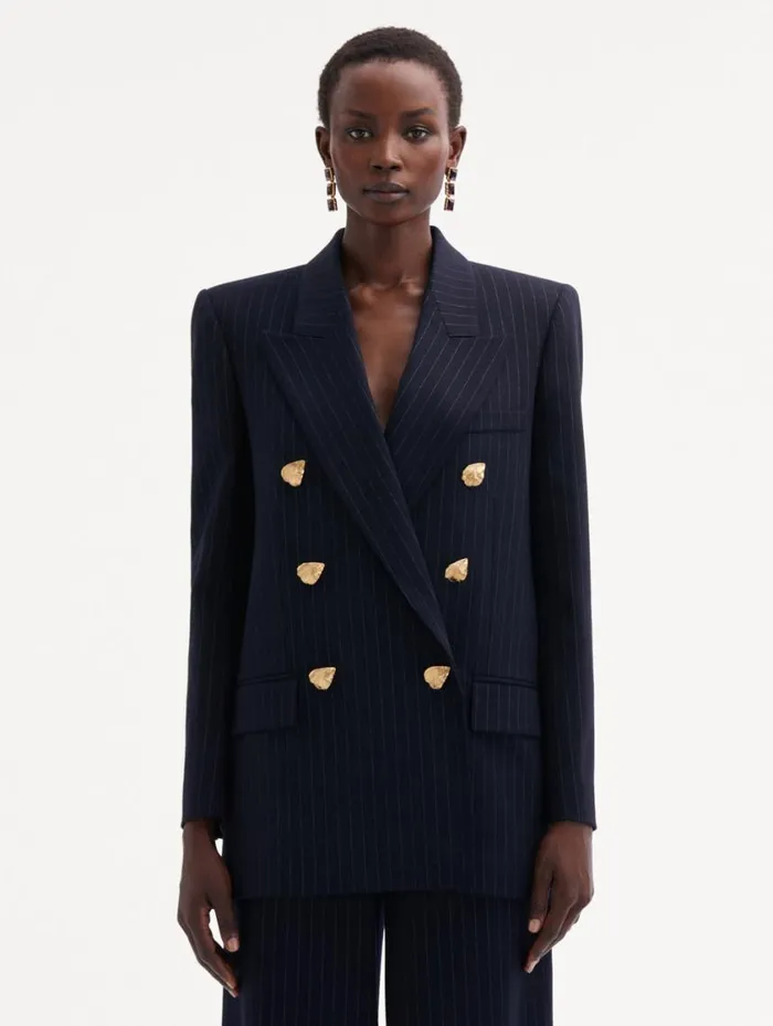 Women Pinstriped DoubleBreasted Jacket Navy and White Oscar De La Renta Jackets and Coats Women Pinstriped DoubleBreasted Jacket Navy and White Oscar De La Renta Jackets and Coats