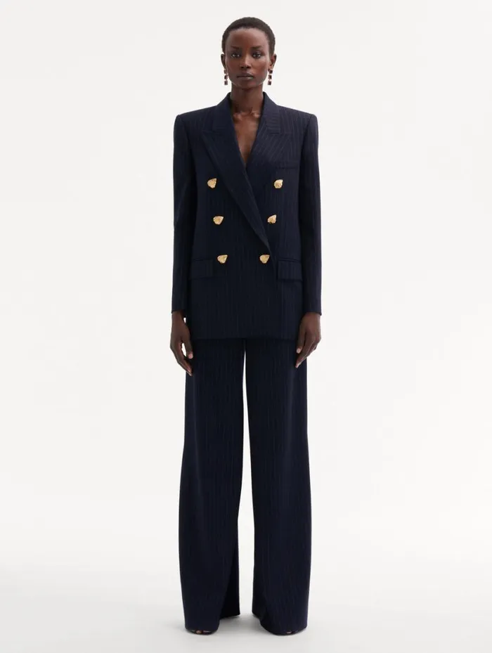 Women Pinstriped DoubleBreasted Jacket Navy and White Oscar De La Renta Jackets and Coats Women Pinstriped DoubleBreasted Jacket Navy and White Oscar De La Renta Jackets and Coats