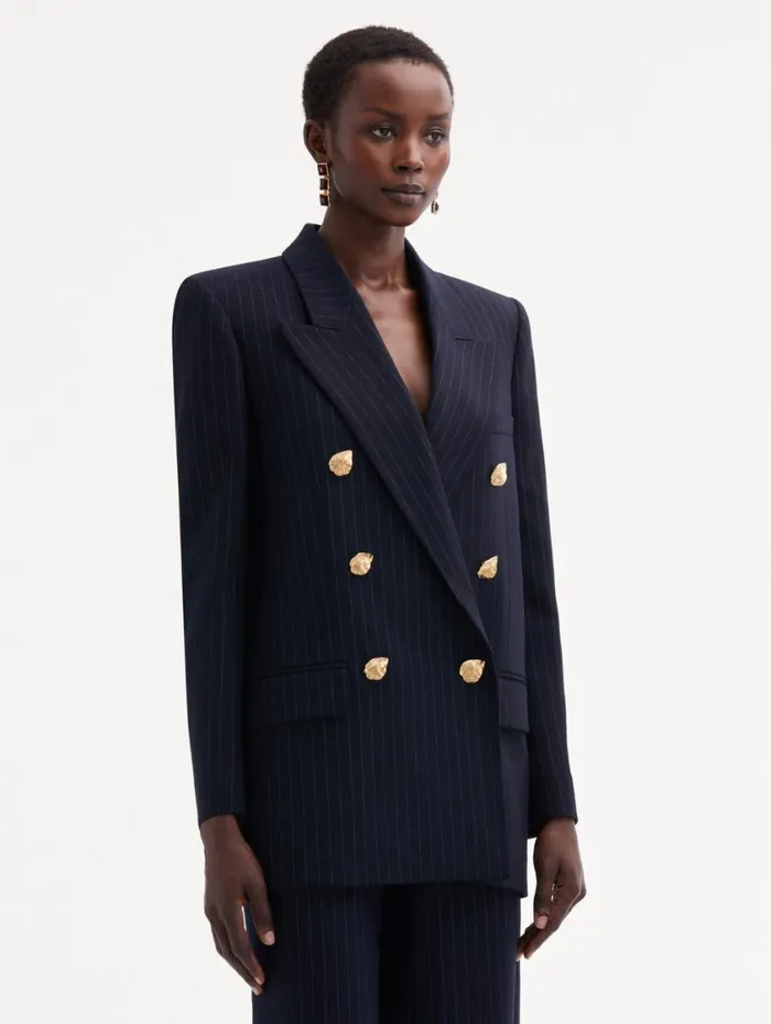 Women Pinstriped DoubleBreasted Jacket Navy and White Oscar De La Renta Jackets and Coats Women Pinstriped DoubleBreasted Jacket Navy and White Oscar De La Renta Jackets and Coats