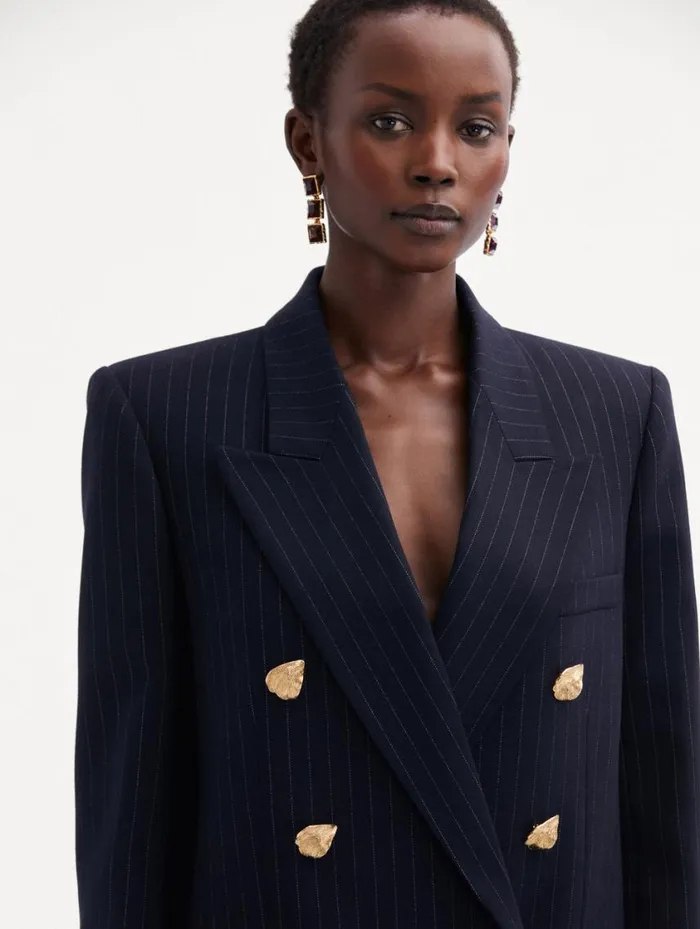 Women Pinstriped DoubleBreasted Jacket Navy and White Oscar De La Renta Jackets and Coats Women Pinstriped DoubleBreasted Jacket Navy and White Oscar De La Renta Jackets and Coats