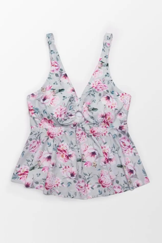 Women Plus Size and Curve Bikinis Cupshe Floral Plus Size Ruffle Tankini Top Multicolor