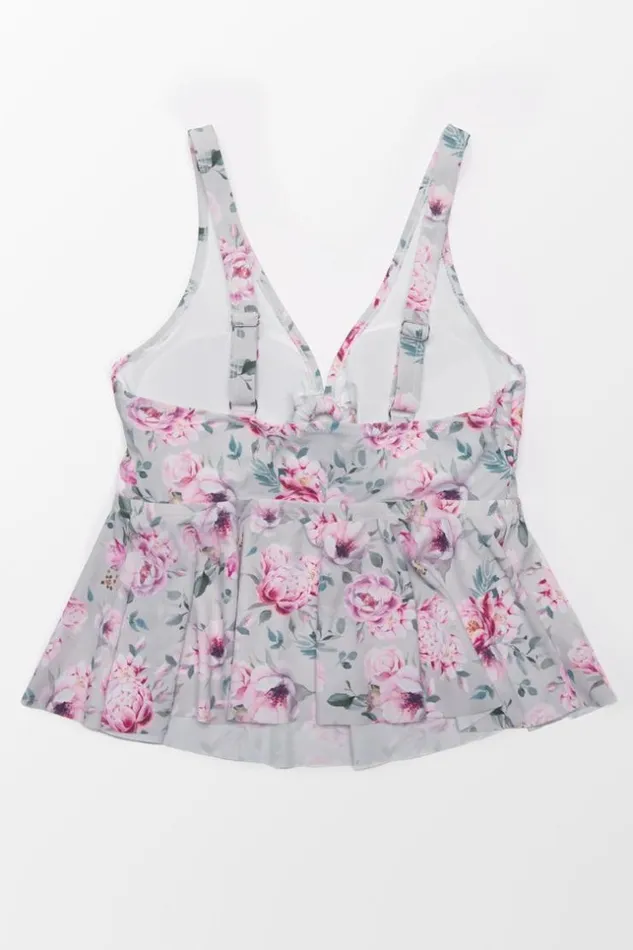 Women Plus Size and Curve Bikinis Cupshe Floral Plus Size Ruffle Tankini Top Multicolor