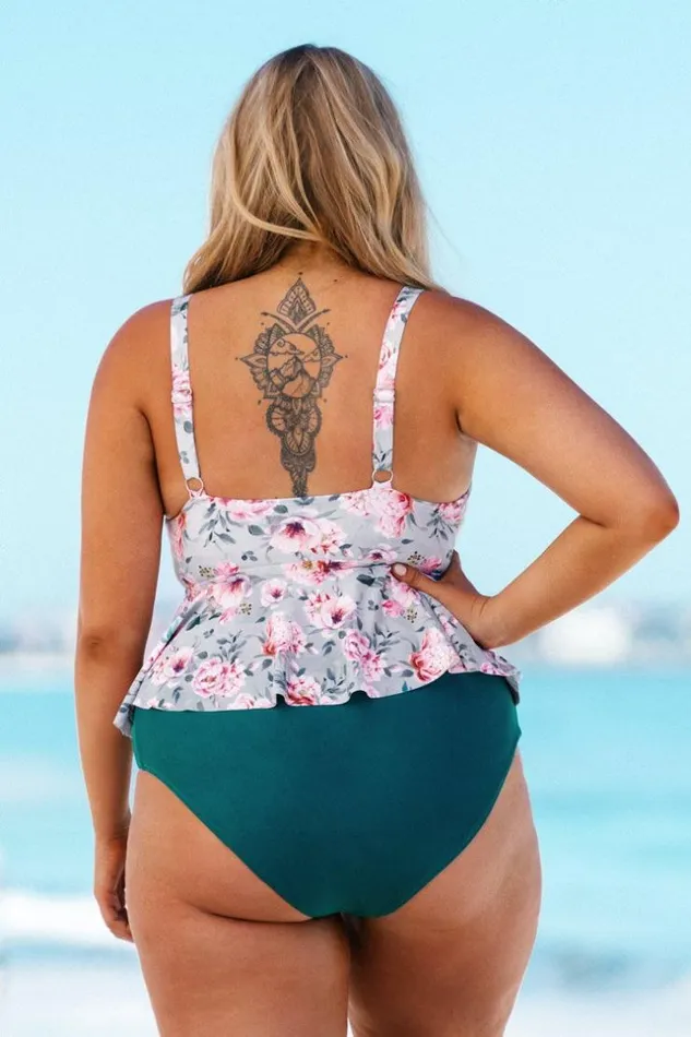 Women Plus Size and Curve Bikinis Cupshe Floral Plus Size Ruffle Tankini Top Multicolor