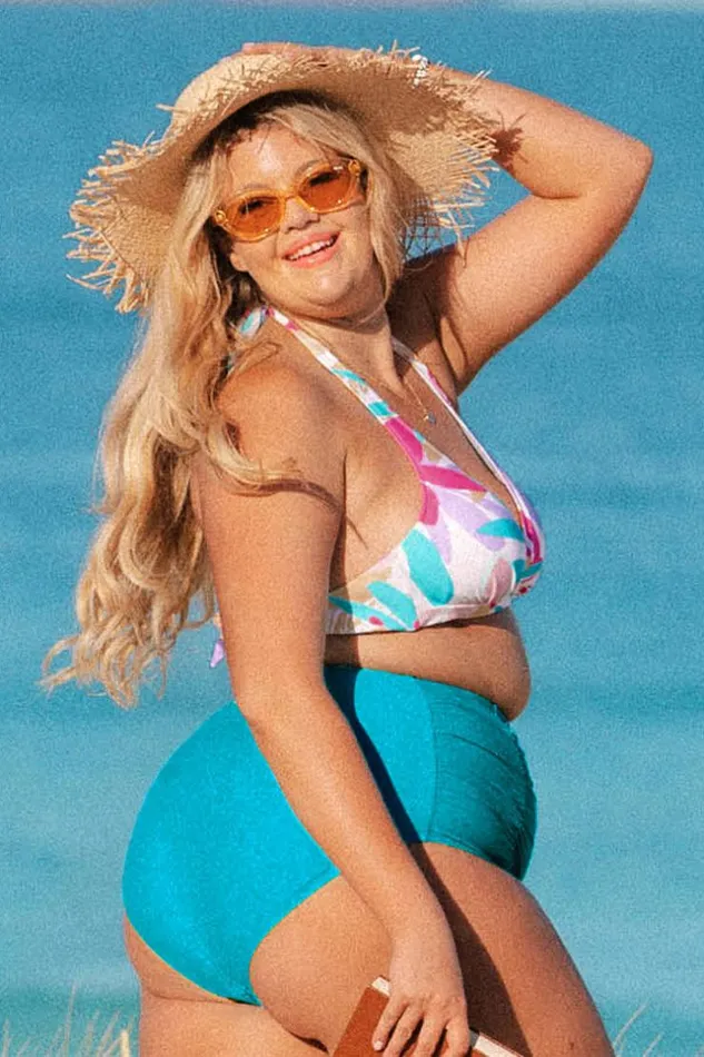Women Plus Size and Curve Bikinis Cupshe Multi Spring Halter Bikini Top And High Waist Plus Size Set Multicolor