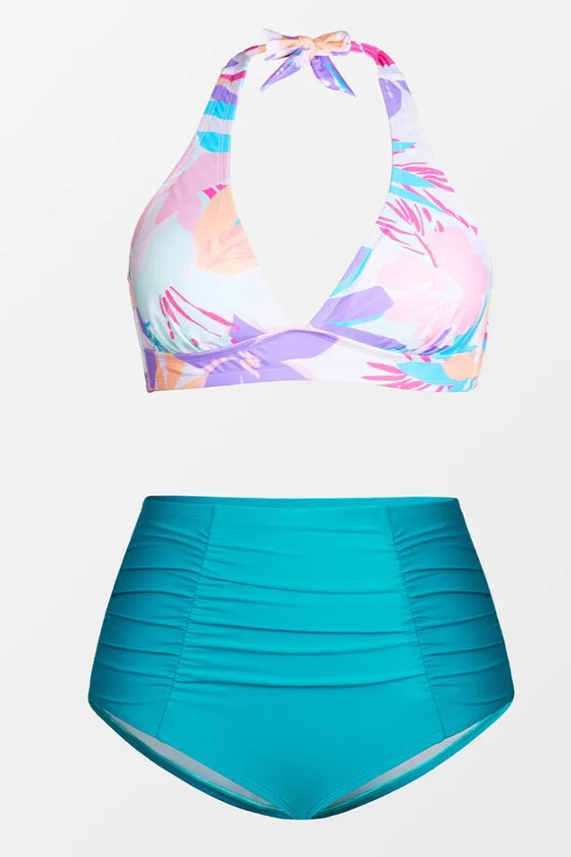 Women Plus Size and Curve Bikinis Cupshe Multi Spring Halter Bikini Top And High Waist Plus Size Set Multicolor