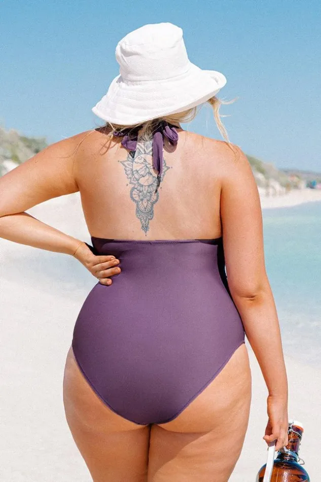 Women Plus Size and Curve Swimsuits Cupshe Amelia Ruched Halter Plus Size One Piece Swimsuit Purple