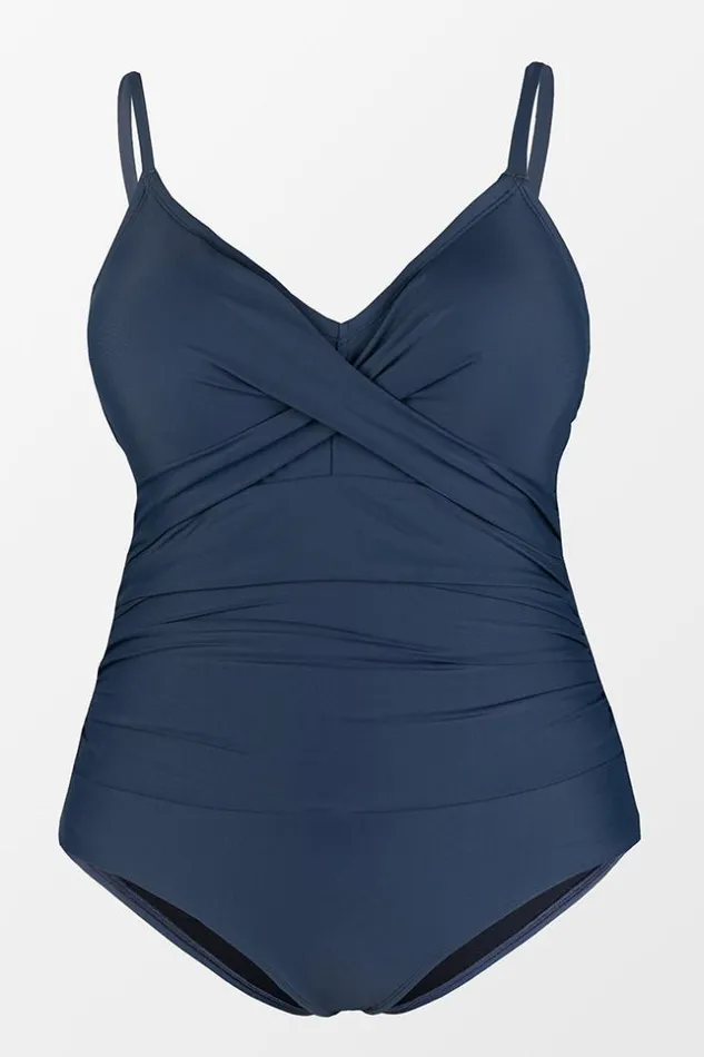 Women Plus Size and Curve Swimsuits Cupshe Omniscient Solid Wrap Front Plus Size One Piece Swimsuit Navy