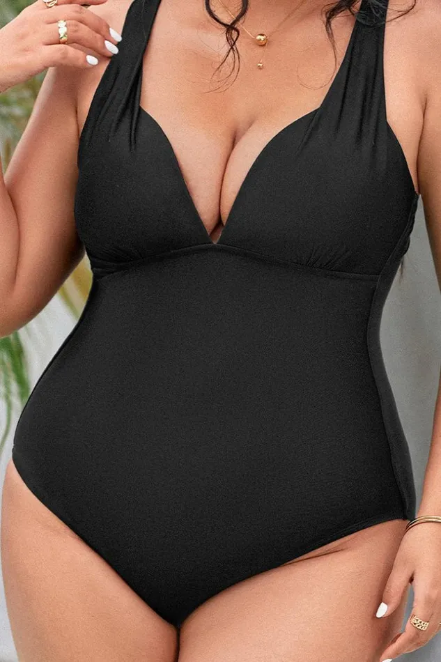 Women Plus Size and Curve Swimsuits Cupshe Summer Of Love Black Plunge Plus Size One Piece Swimsuit Black