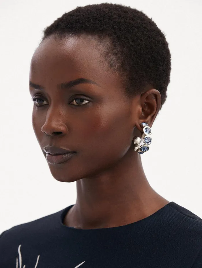 Women Round Stone Hoop Earrings Denim Blue Oscar De La Renta Earrings Women Round Stone Hoop Earrings Denim Blue Oscar De La Renta Earrings