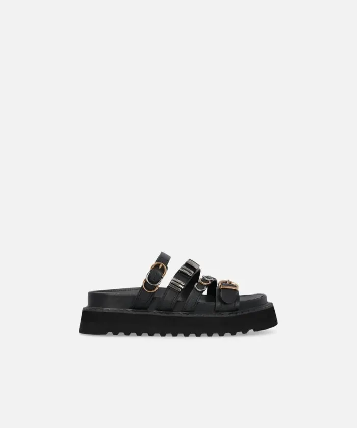 Women Sandals Pinko Leather Slippers With Wedge And Straps Limo Black