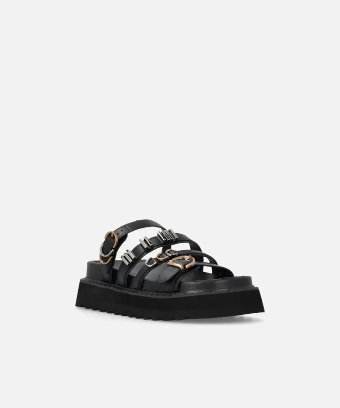 Women Sandals Pinko Leather Slippers With Wedge And Straps Limo Black Women Sandals Pinko Leather Slippers With Wedge And Straps Limo Black